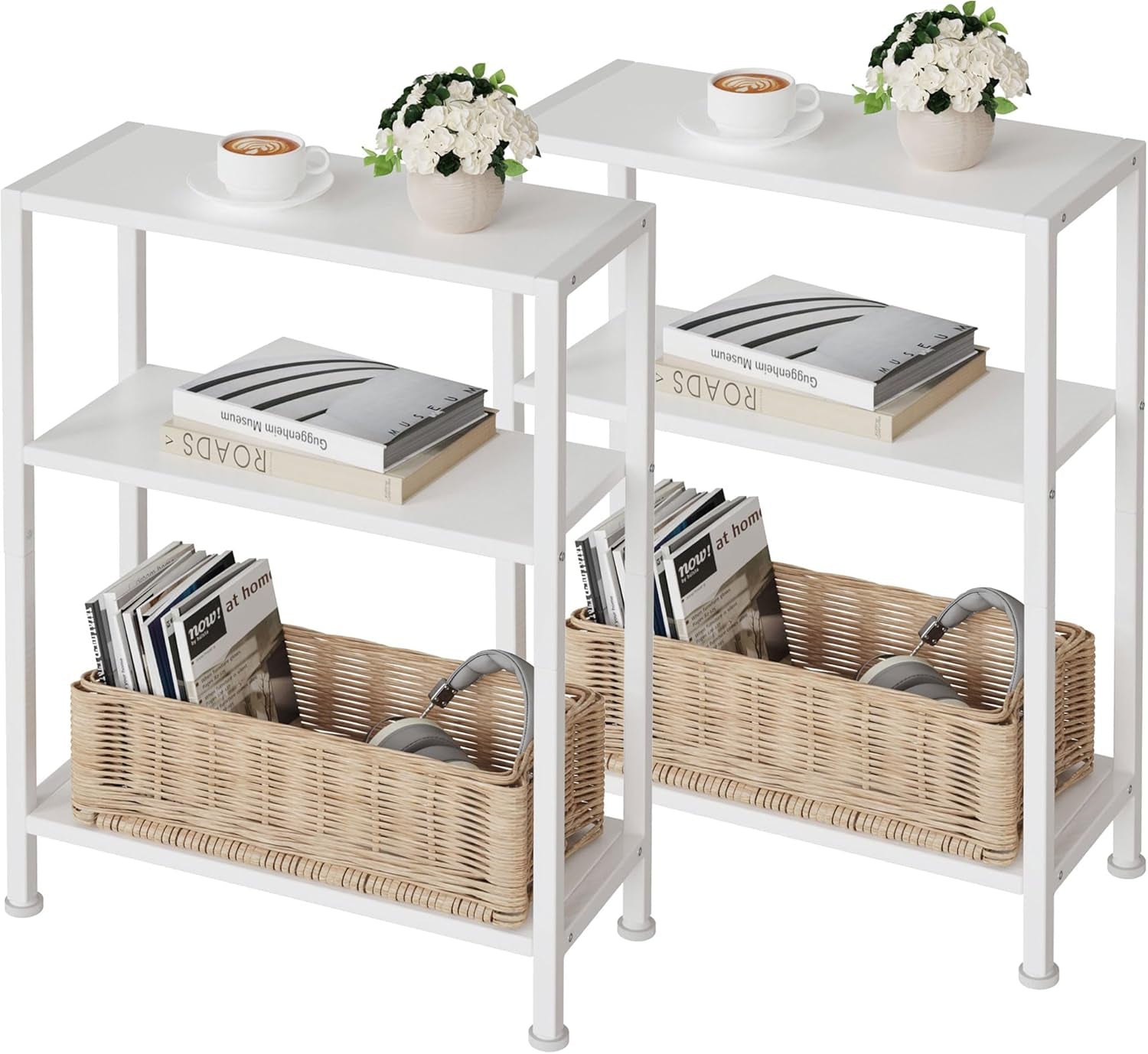 Two identical white three-tier side tables shown side-by-side, each styled with books, a basket, cup, and flowers