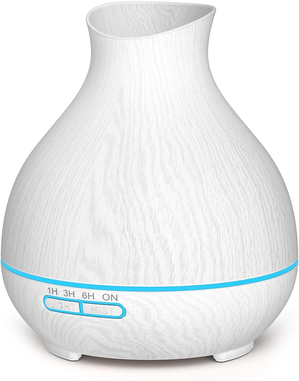 Single white wood-grain diffuser with blue LED ring, angled front view on white background.