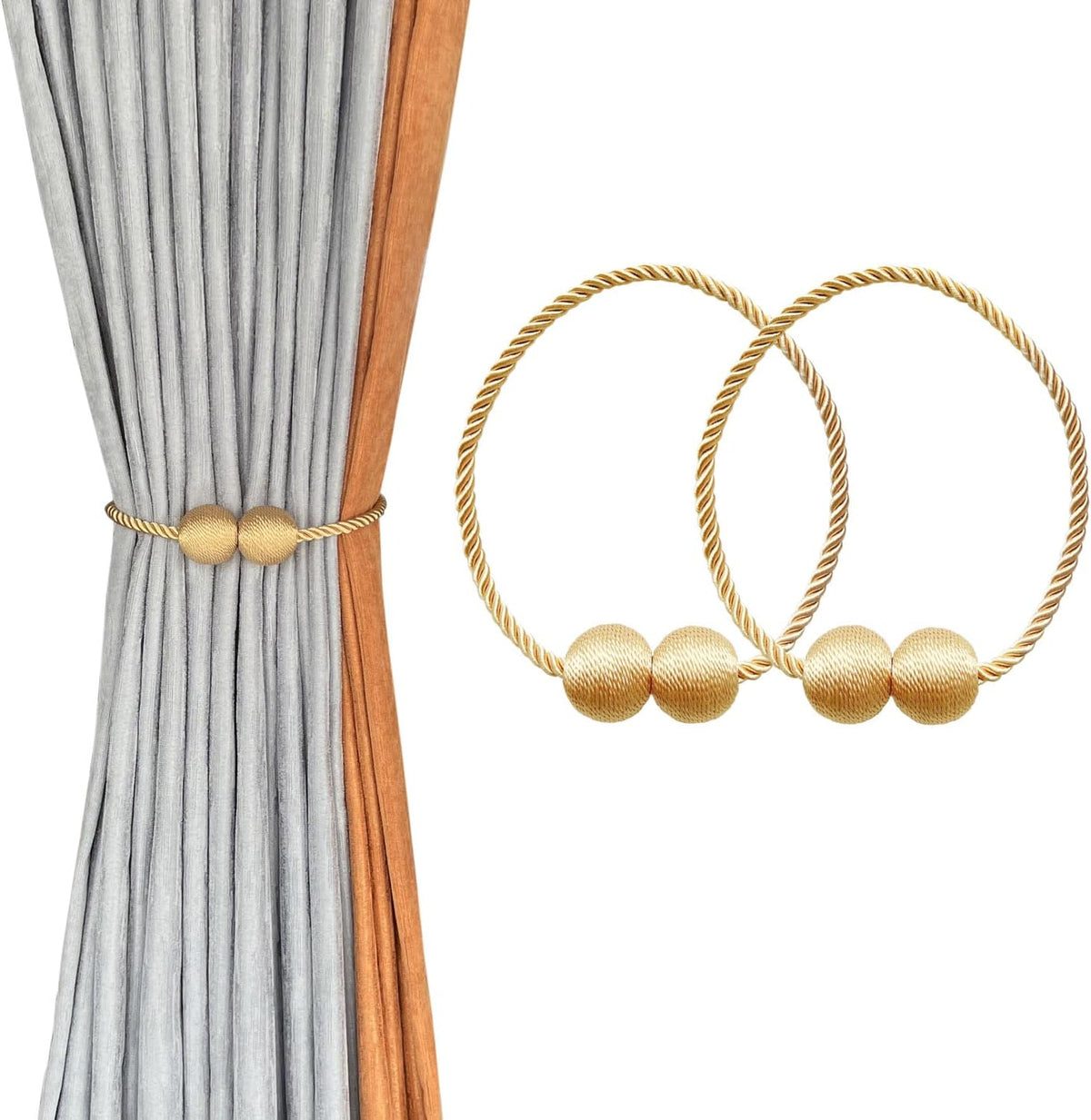 Curtain gathered with a twisted gold cord and two textured gold magnetic balls, plus two loose gold tieback loops.