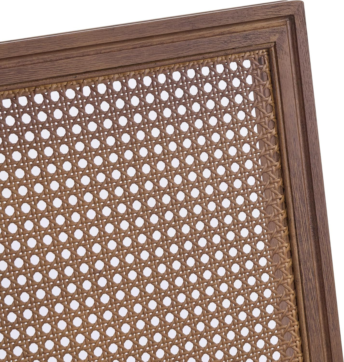 Tight close-up of the handwoven cane lattice and the surrounding walnut wood frame.