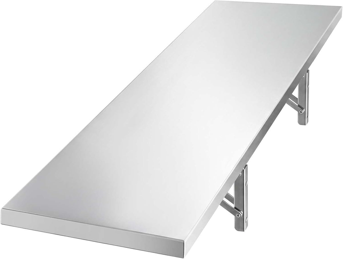 Angled perspective of a stainless steel wall shelf showing its flat top and two foldable triangular support brackets.