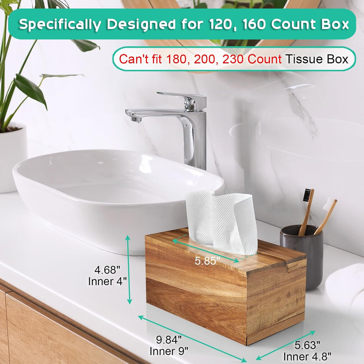 Rectangular tissue box cover on a bathroom counter with dimension graphics showing inner and outer measurements