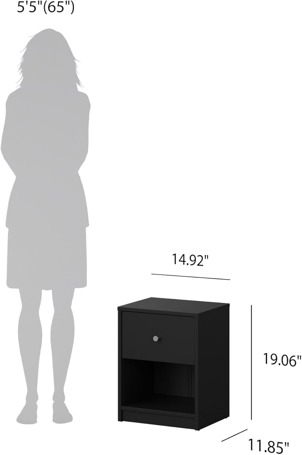 Scale diagram of a single black nightstand beside a standing silhouette to show height and proportions