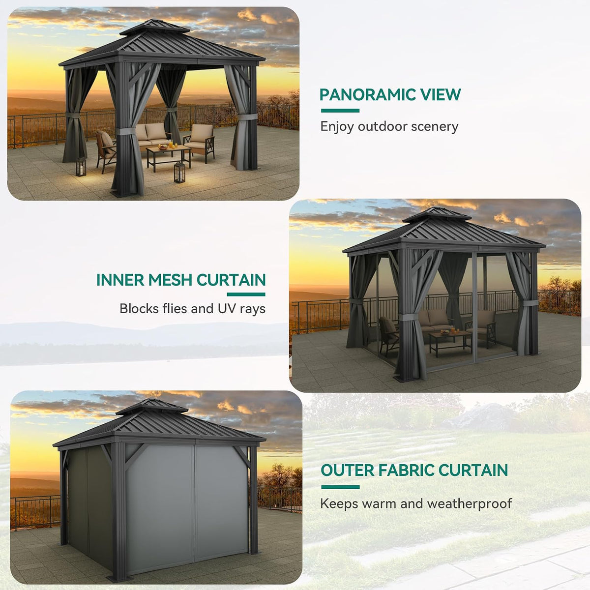 Three-panel illustration showing panoramic view, inner mesh curtain and outer fabric curtain options