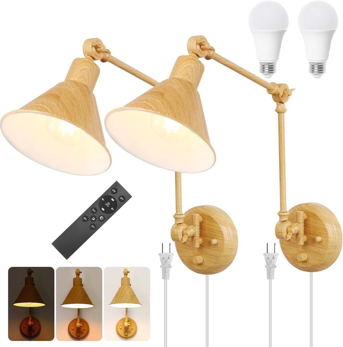 Two wood‑finish sconces shown with remote control, two bulbs and a plug cord, plus small inset lighting examples.