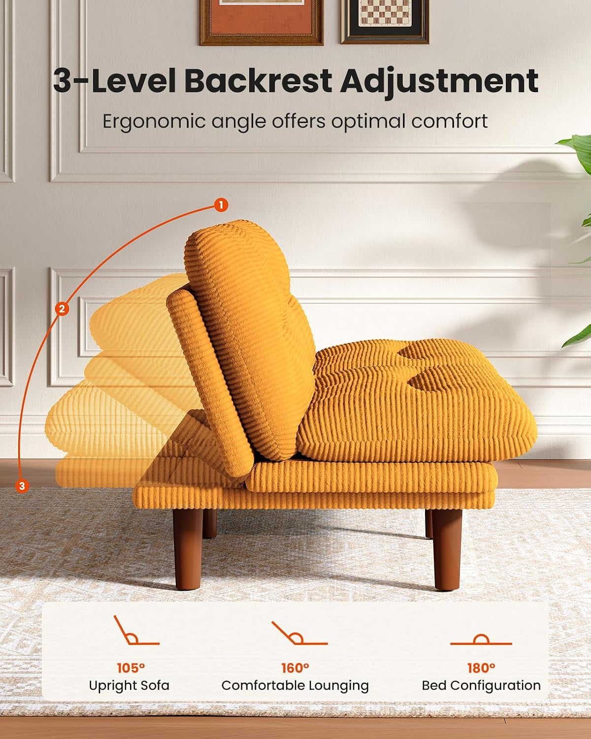 Side profile of the futon illustrating three backrest angle positions from upright to flat