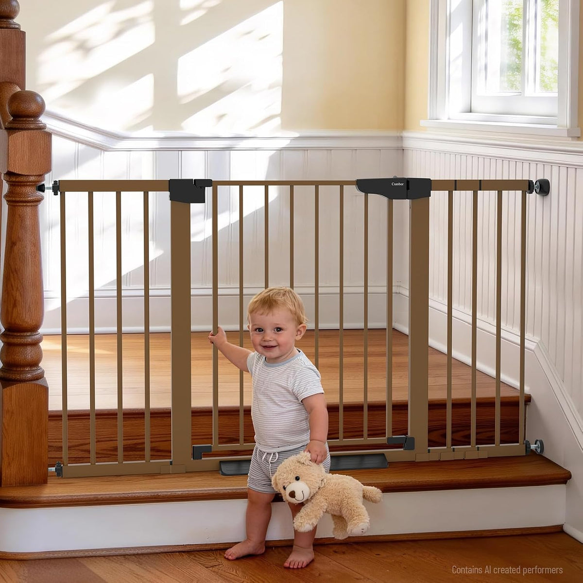 Brown safety gate installed at top of stairs with a toddler holding a teddy bear standing beside it.