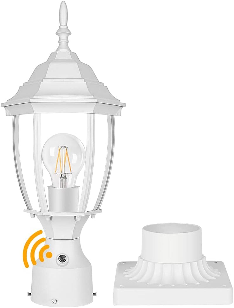 White lantern shown disassembled beside its matching square pier mount base on a white background.