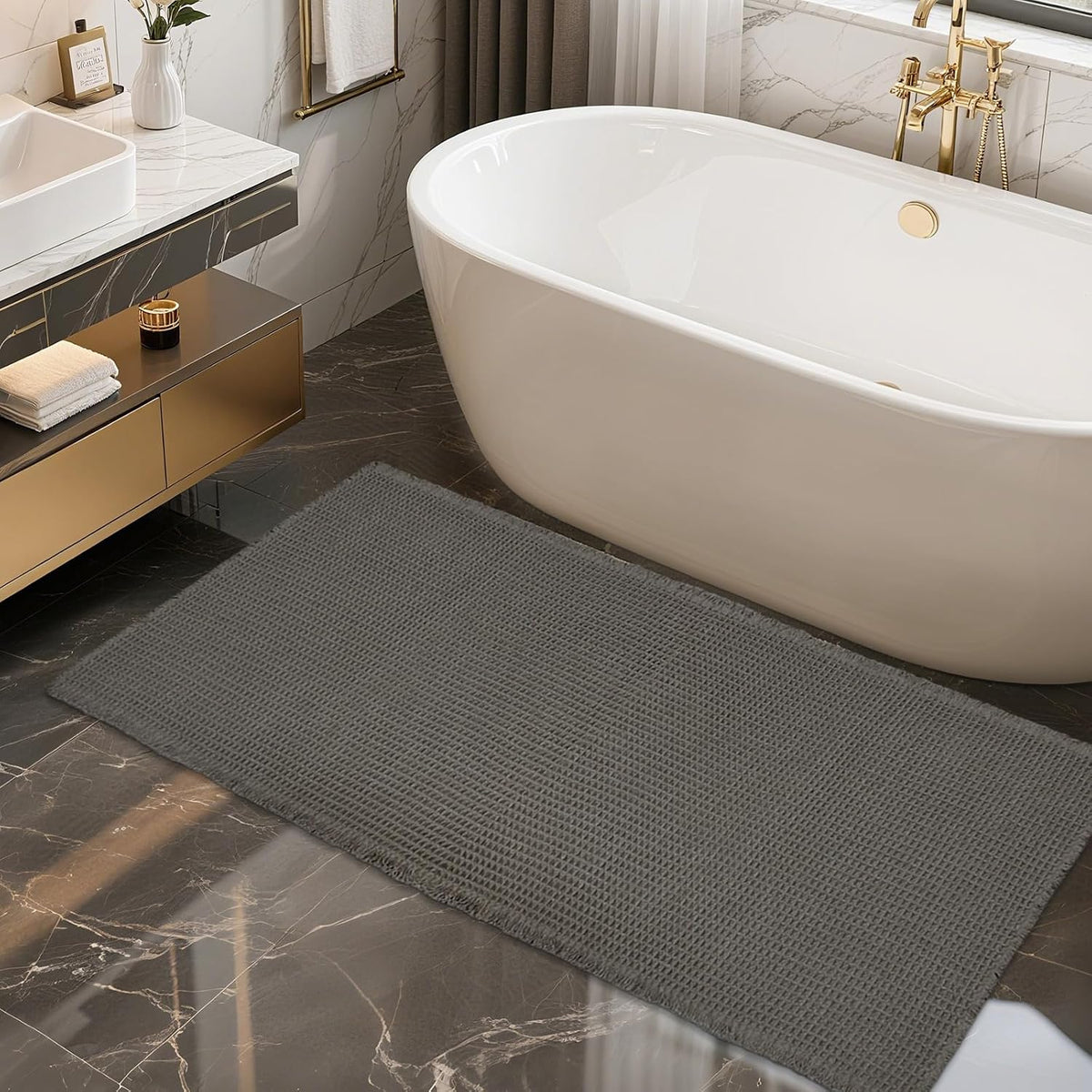 ZALL Waffle Bath Mat Boho Bathroom Mat Ultra Absorbent Non Slip 18x30 Tan