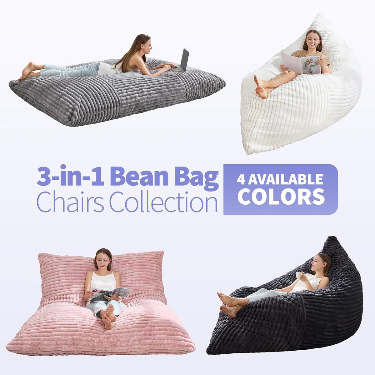 Four product scenes on a white background showing the bean bag chair in gray, white, pink and dark charcoal in different