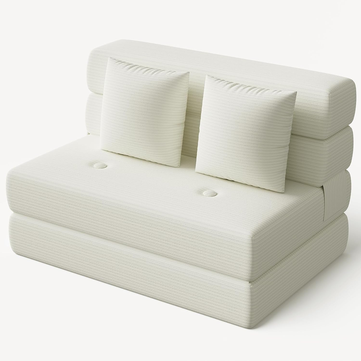 Isolated studio view of a cream corduroy folding sofa in chair form with two square throw pillows.
