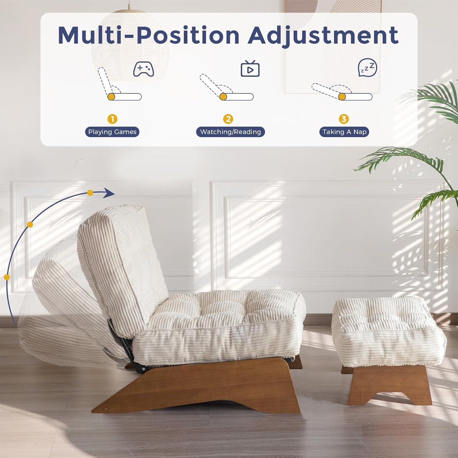 Side view of the chair and ottoman illustrating the multi-position adjustable backrest on a wooden base