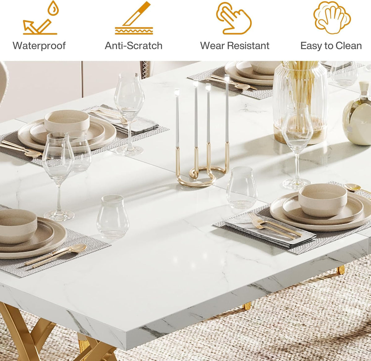 Close-up of the glossy faux-marble tabletop showing place settings and subtle gray veining.