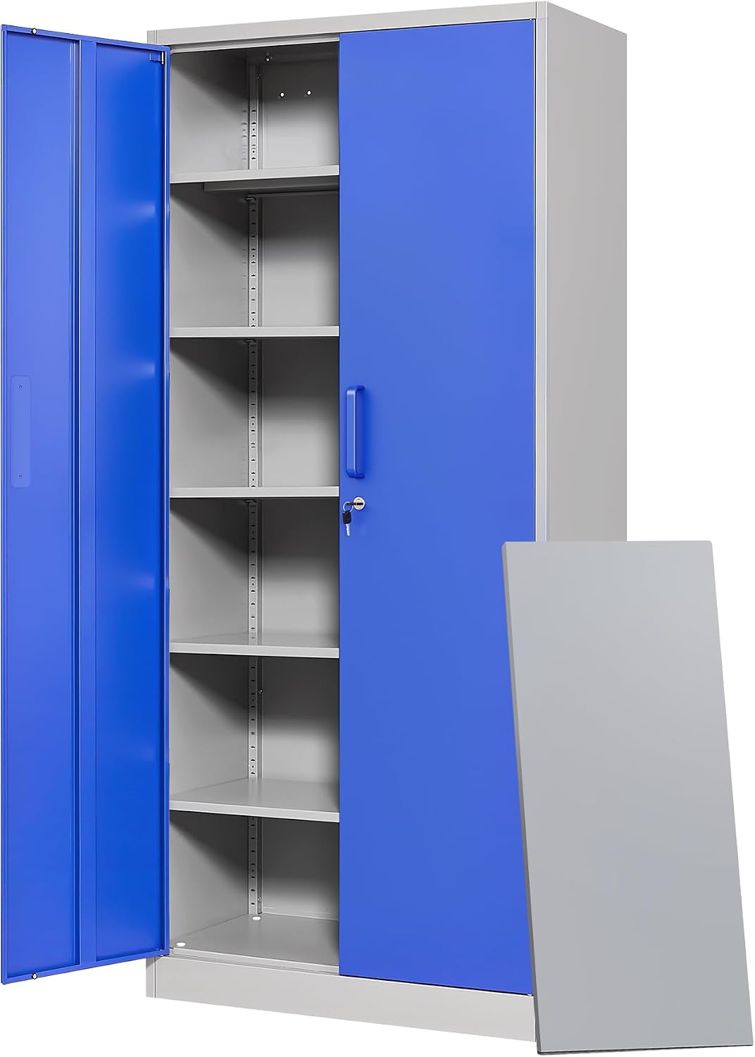 Tall gray cabinet with one bright blue door open to reveal five adjustable gray shelves and a loose gray panel leaned