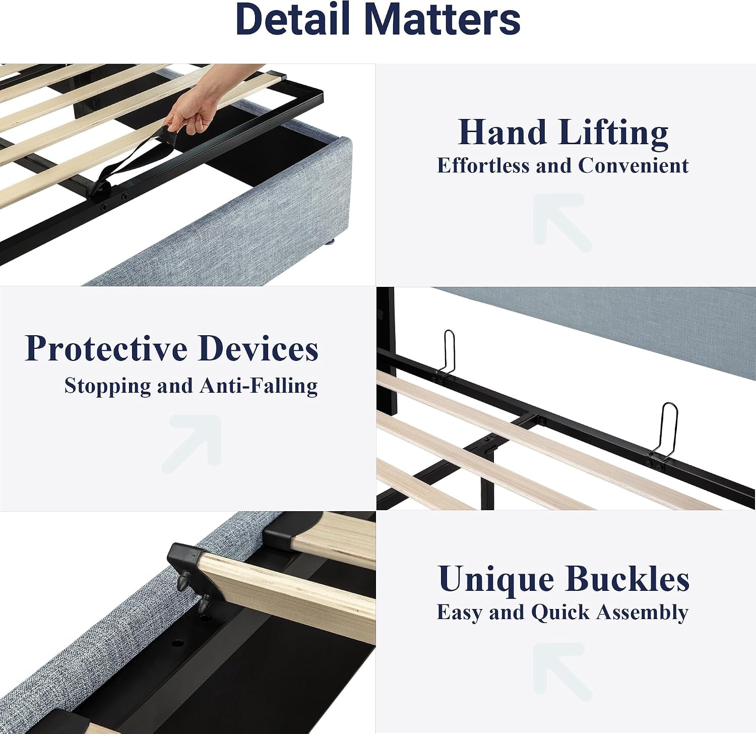 Four-panel detail collage showing hand-lift strap, wooden slats, metal frame hooks and slat buckles on the bed base.