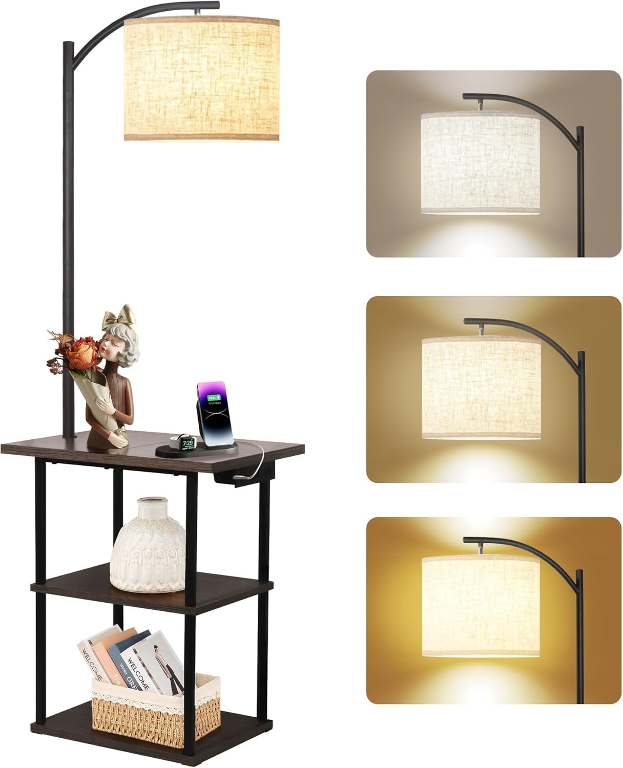 Three-tier floor lamp side table with linen drum shade showing three shelves and charging ports on the tabletop