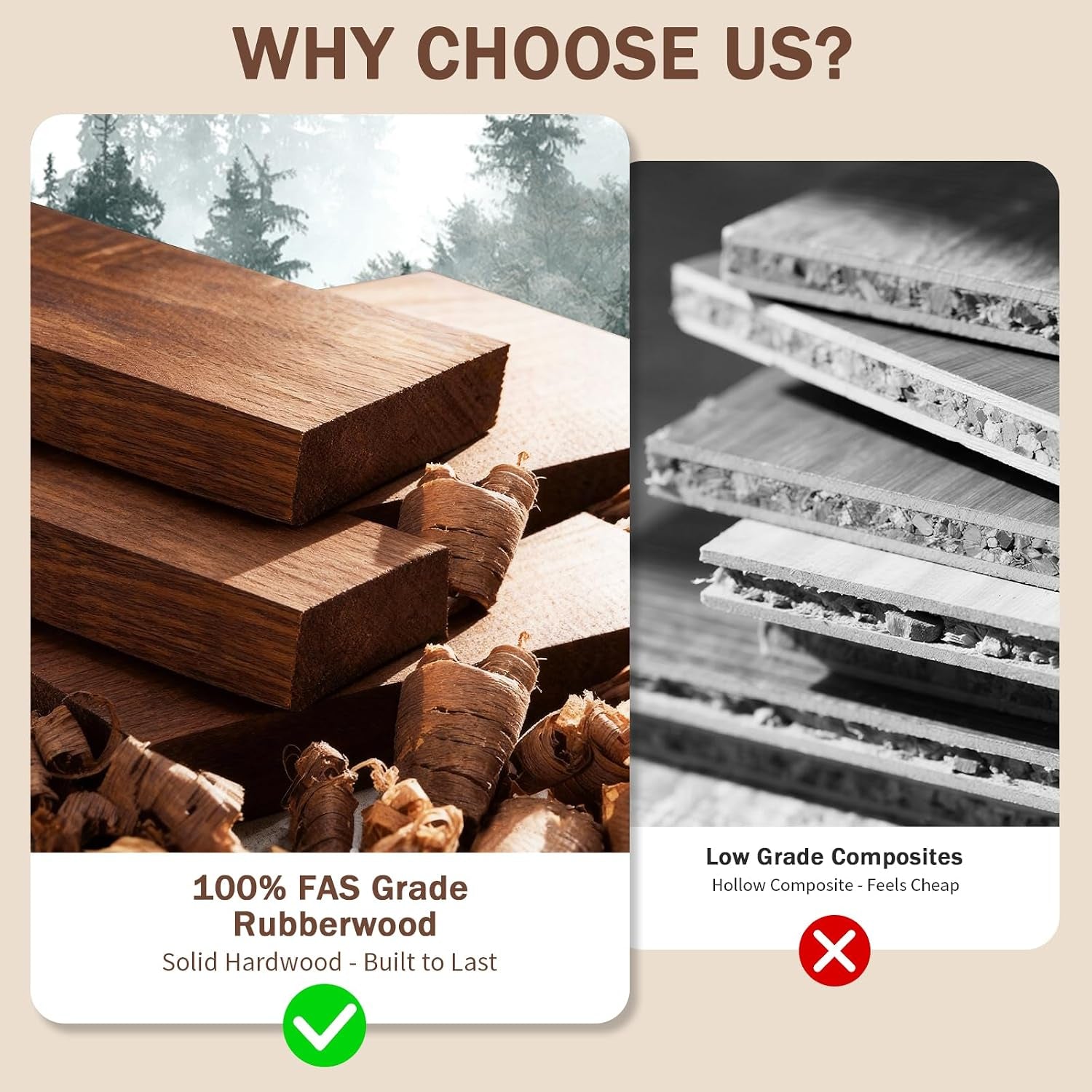 Close-up of solid FAS rubberwood planks contrasted with low-grade composite panels