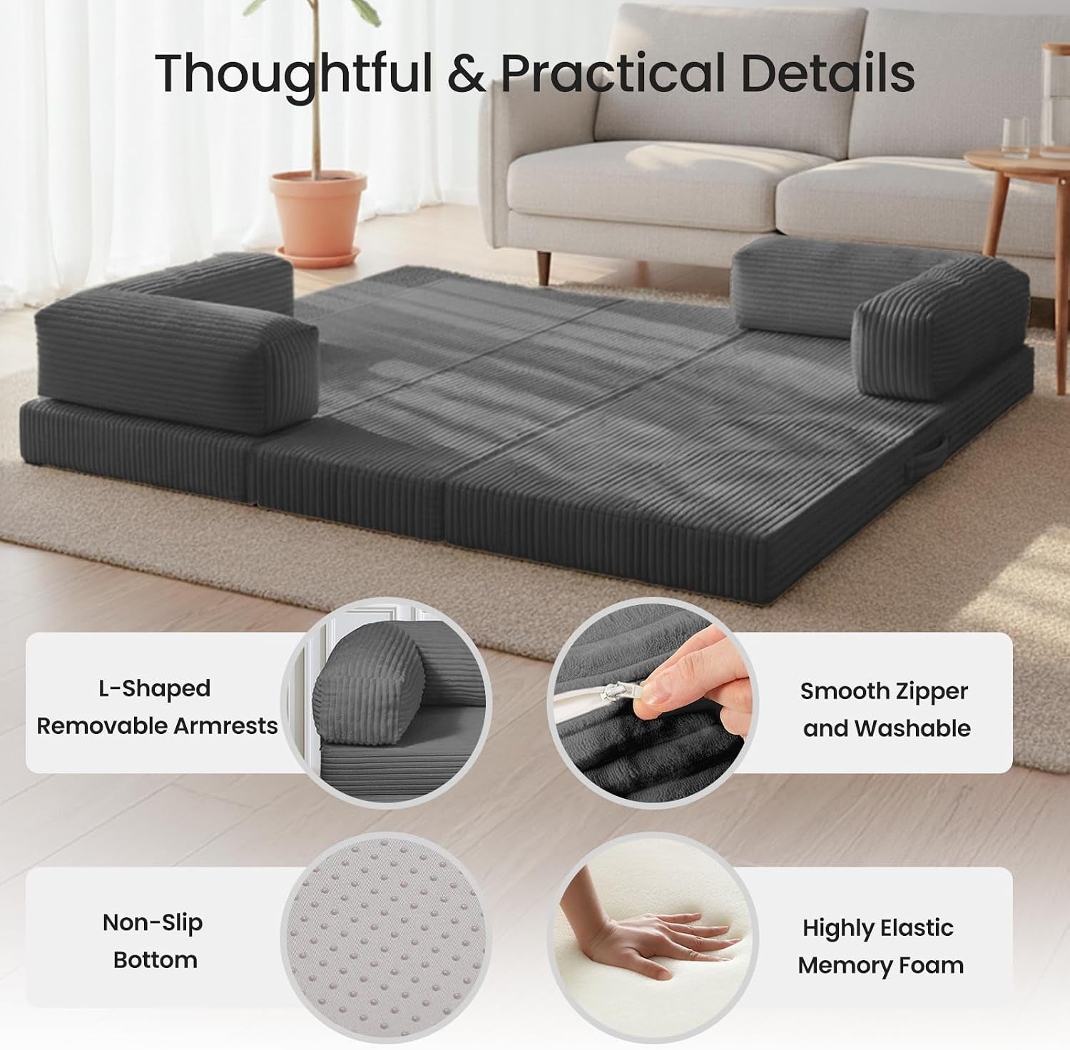 Flat grey tri-fold mattress with two removable armrests, close-ups of zipper, non-slip bottom and memory foam