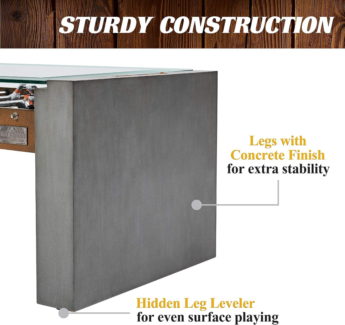 Rectangular table leg with a textured concrete-gray finish shown from the side with a concealed leveler at the bottom.