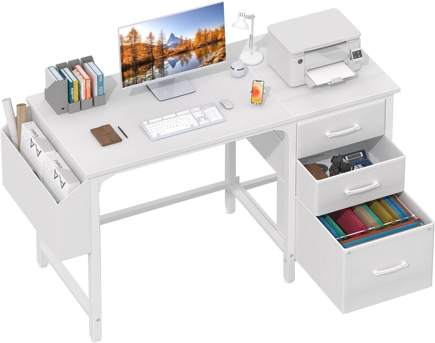 White computer desk angled front view showing three fabric drawers and a reversible side file pocket