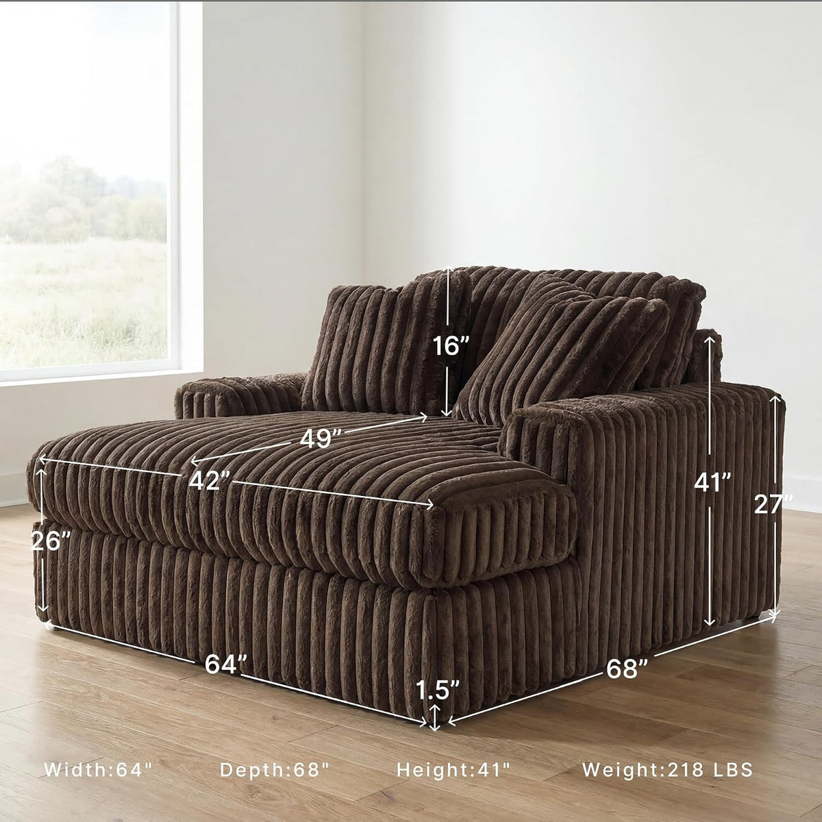 Brown chaise lounge with measurement overlays showing width 64 in, depth 68 in, height 41 in and seat depth 49 in