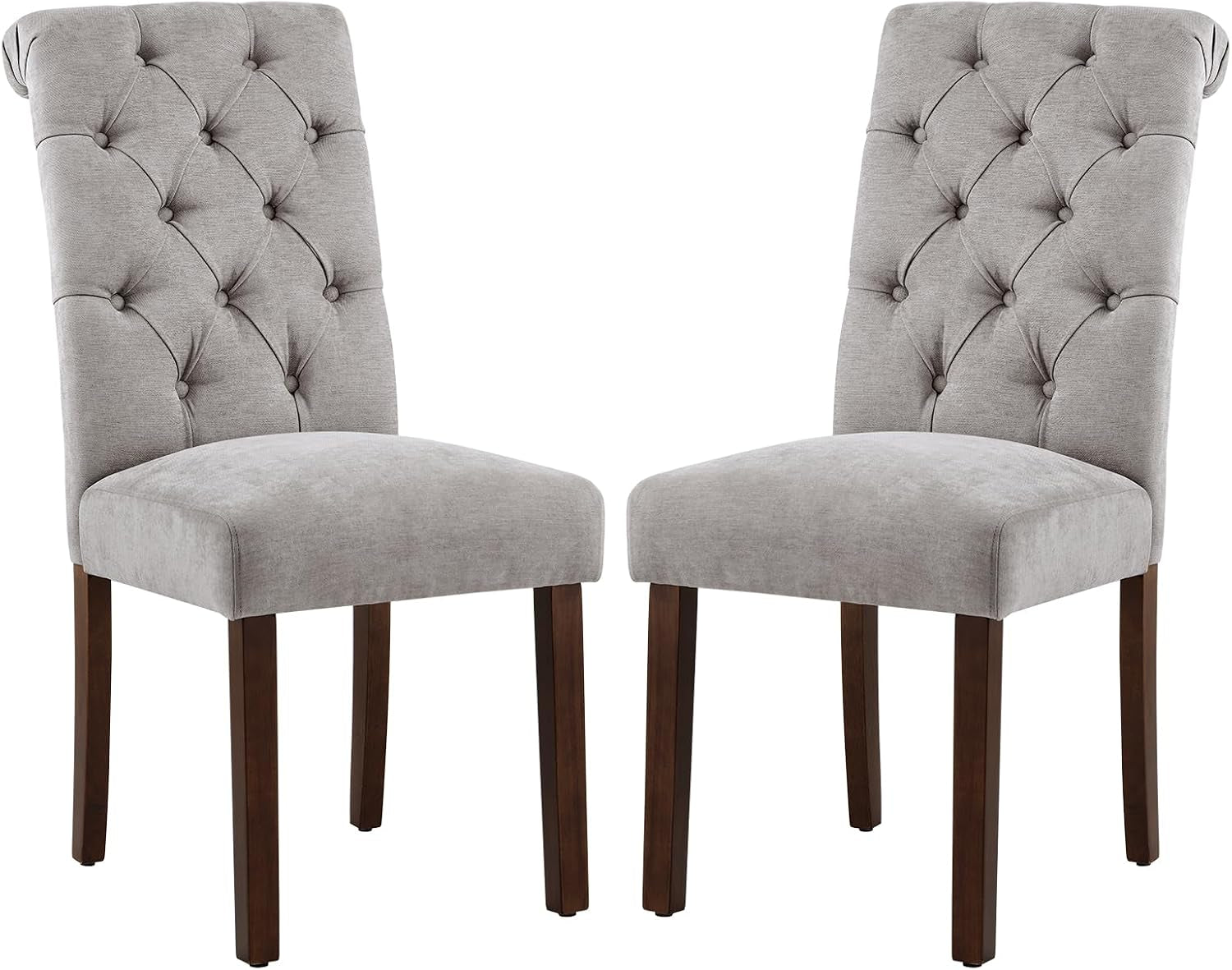 Two light gray button-tufted Parsons chairs shown side-by-side on a white background