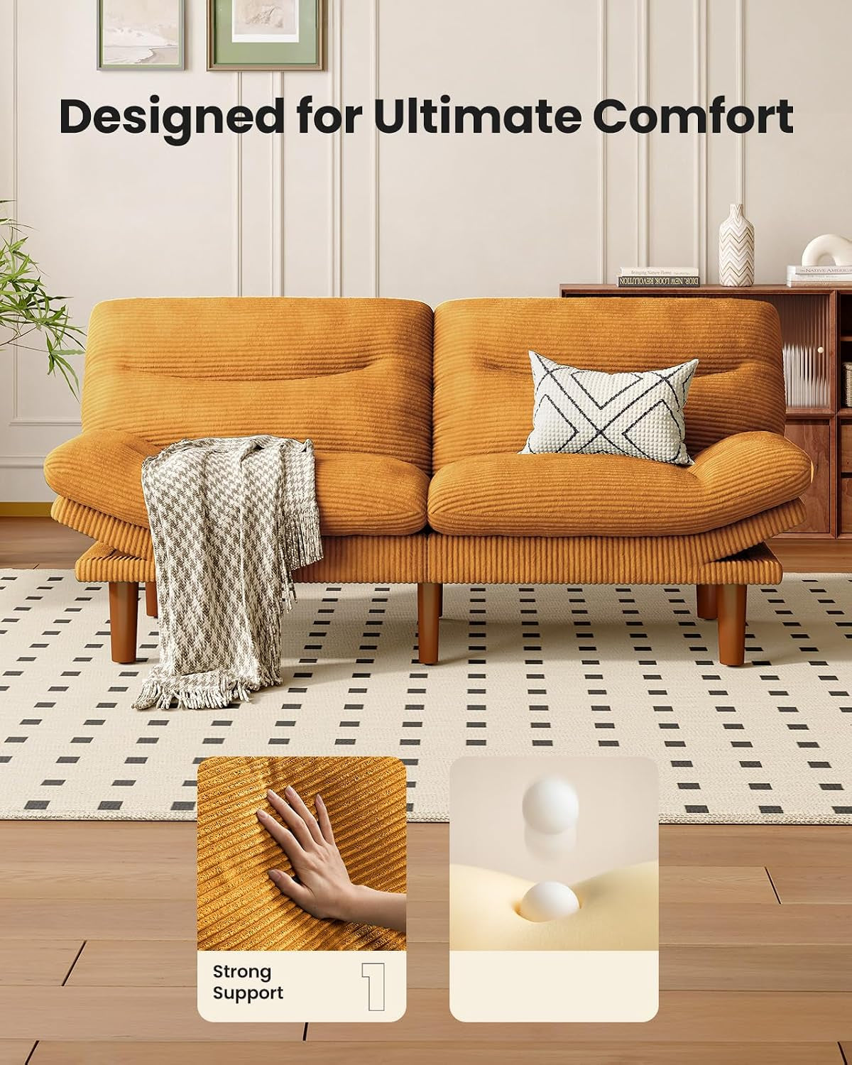 Front view of a two-seat mustard-orange corduroy futon with a throw and patterned pillow in a living room.