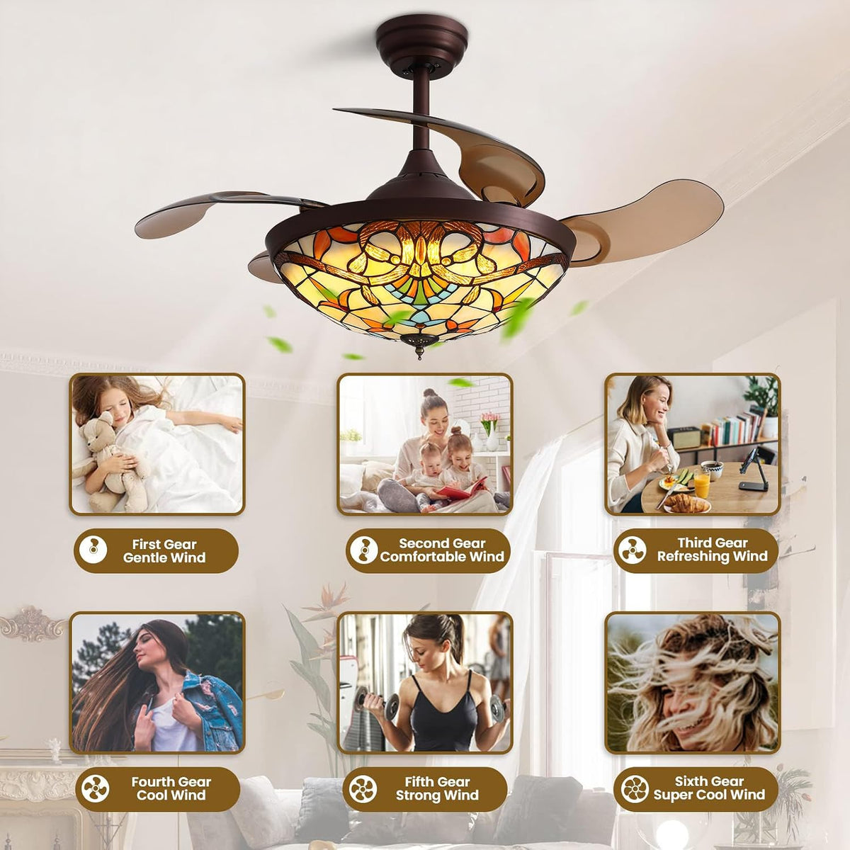 Ceiling fan with stained-glass shade shown overhead above six small panels illustrating different fan speed uses.