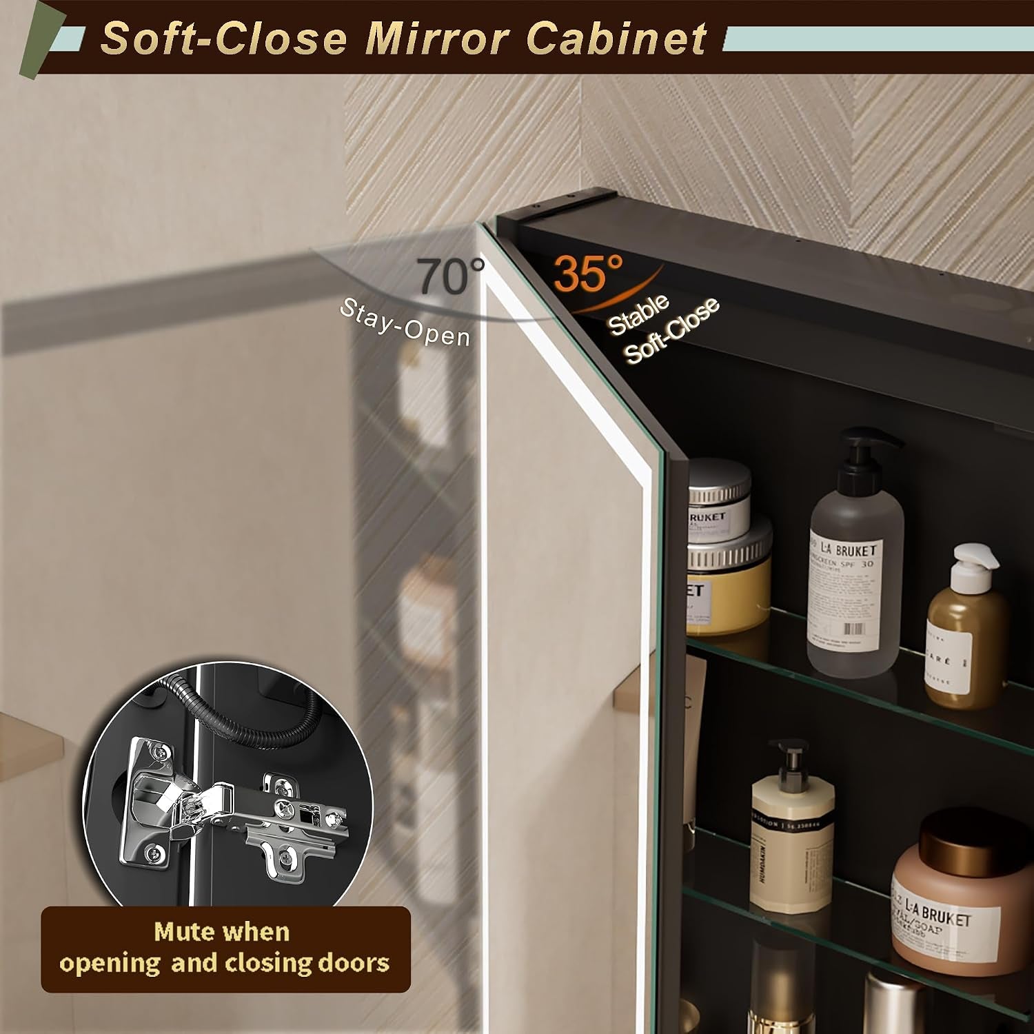 Close-up of cabinet hinge and door showing stay-open and soft-close angle labels with interior glass shelving visible.