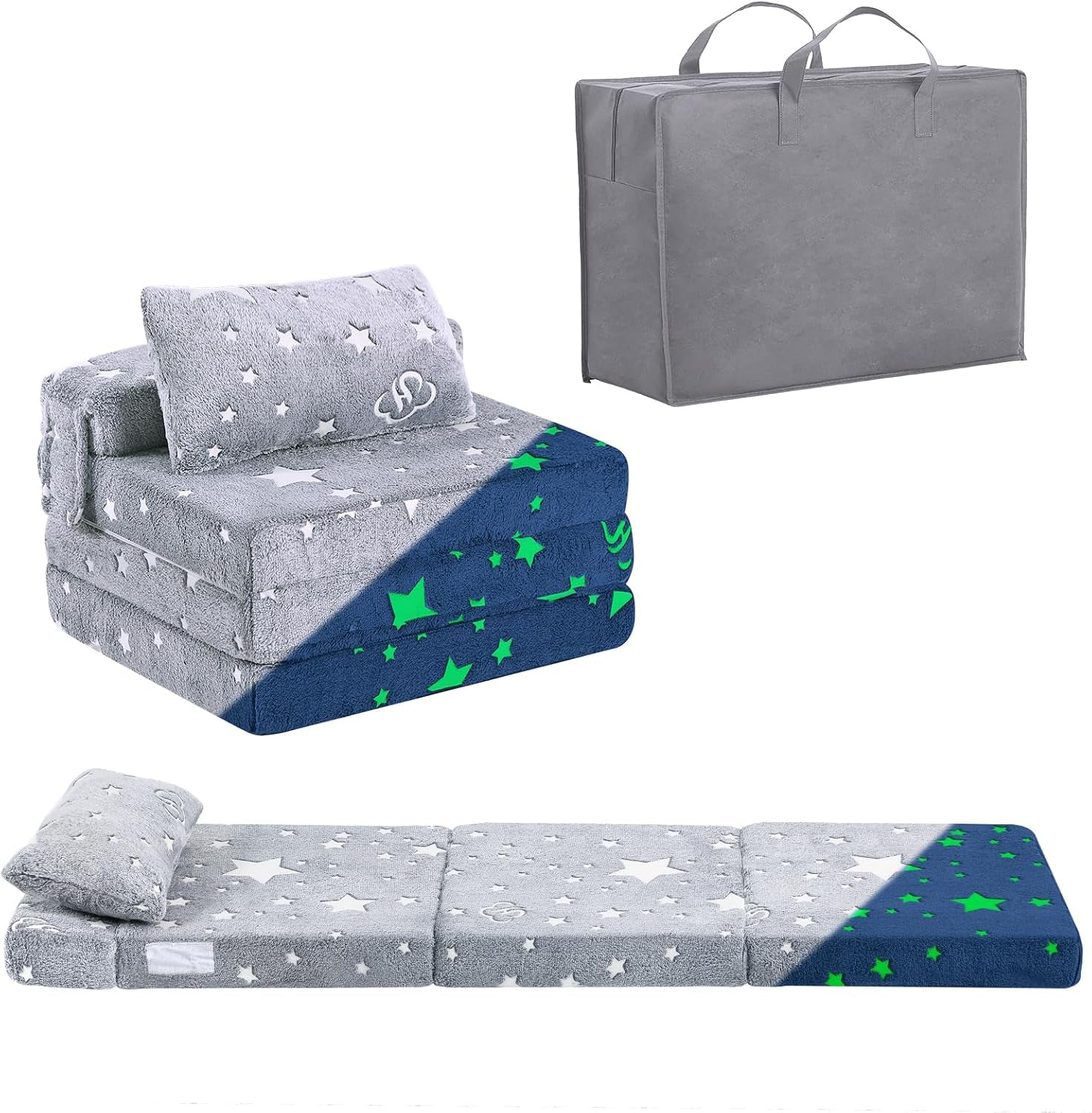 Folded star-print mattress with small matching pillow, carrying bag, and fully opened mattress with pillow at one end.