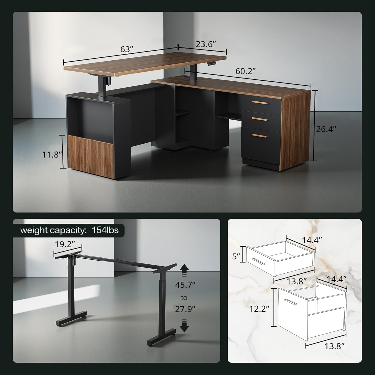 Rendered dimension diagram of the 63" L-shaped desk showing annotated top, return and height measurements