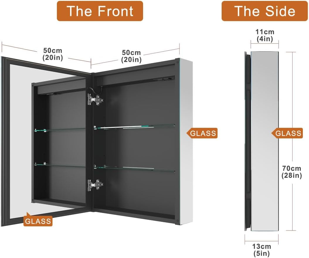 Open two-door cabinet showing two adjustable glass shelves inside and dimensional callouts for depth and height.