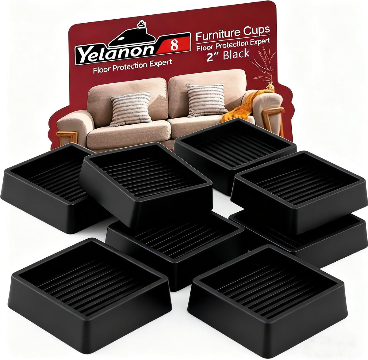 Eight black square ribbed silicone furniture cups shown stacked and overlapping on a white surface with a red backdrop.