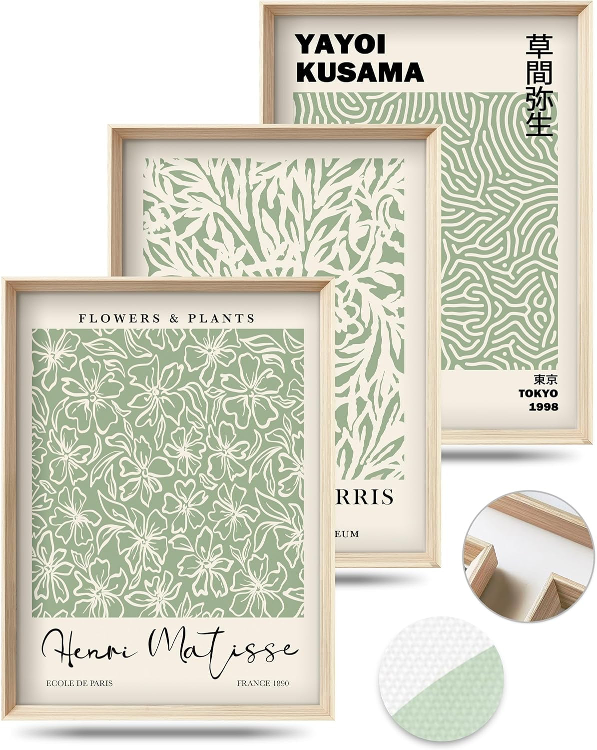 Three framed botanical pattern prints in sage green with close-up circles showing frame corner and canvas texture