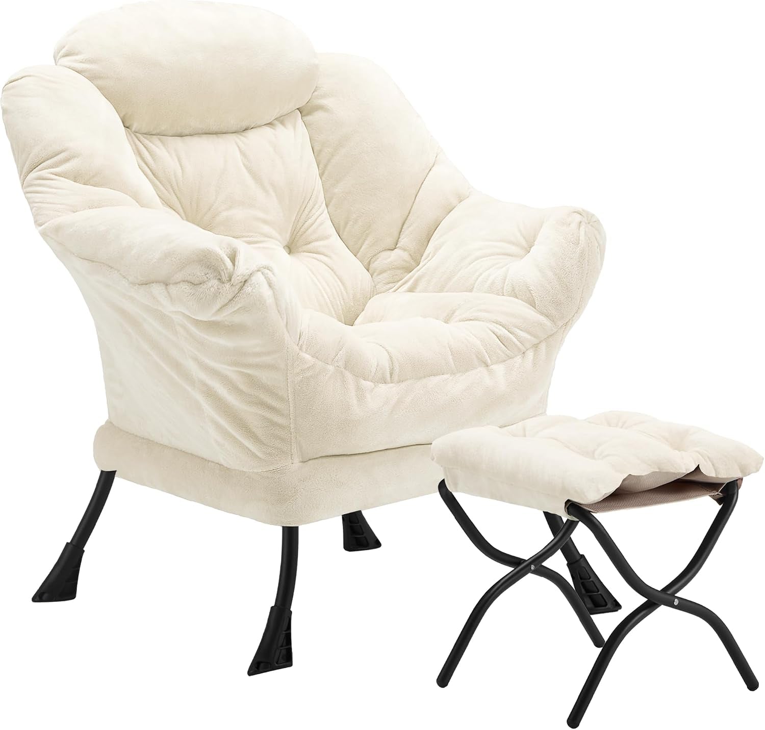 Cream-colored cushioned armchair with tufted seat and a small folding ottoman beside it