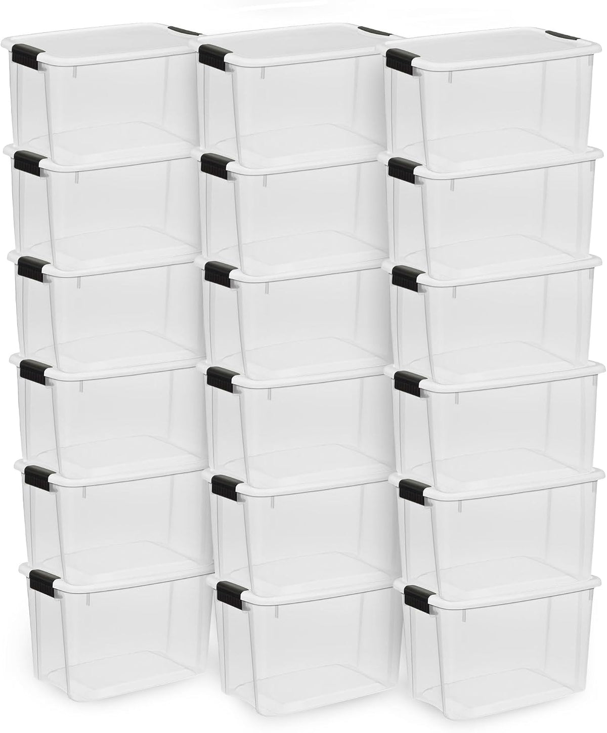 Tall arrangement of identical clear bins with white lids and black side latches shown in a grid