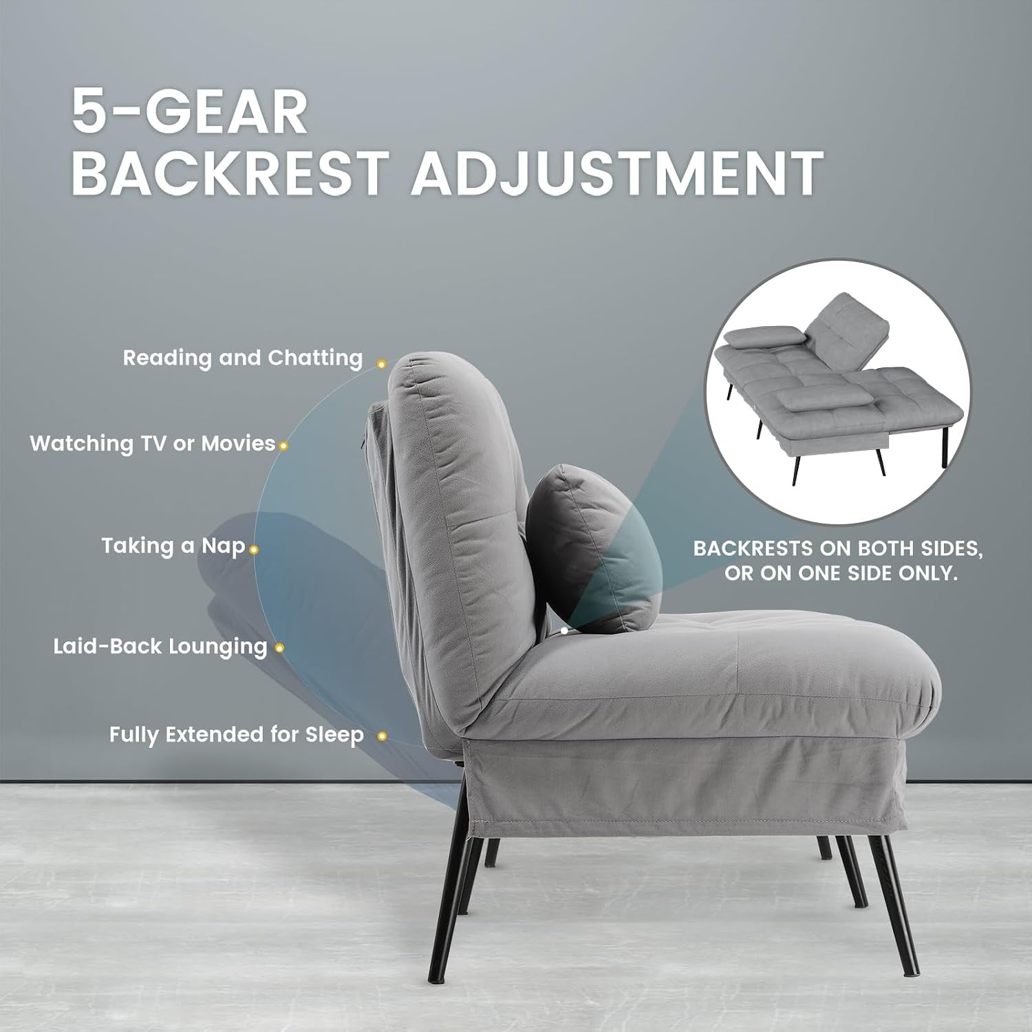 Side profile of the futon showing the five-gear adjustable backrest positions and metal legs