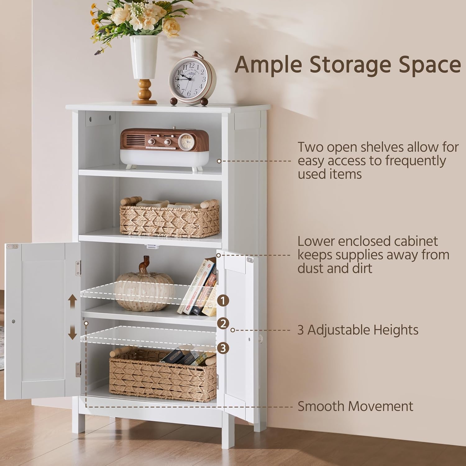 Interior view of white cabinet with open doors illustrating three adjustable shelf height positions with labels