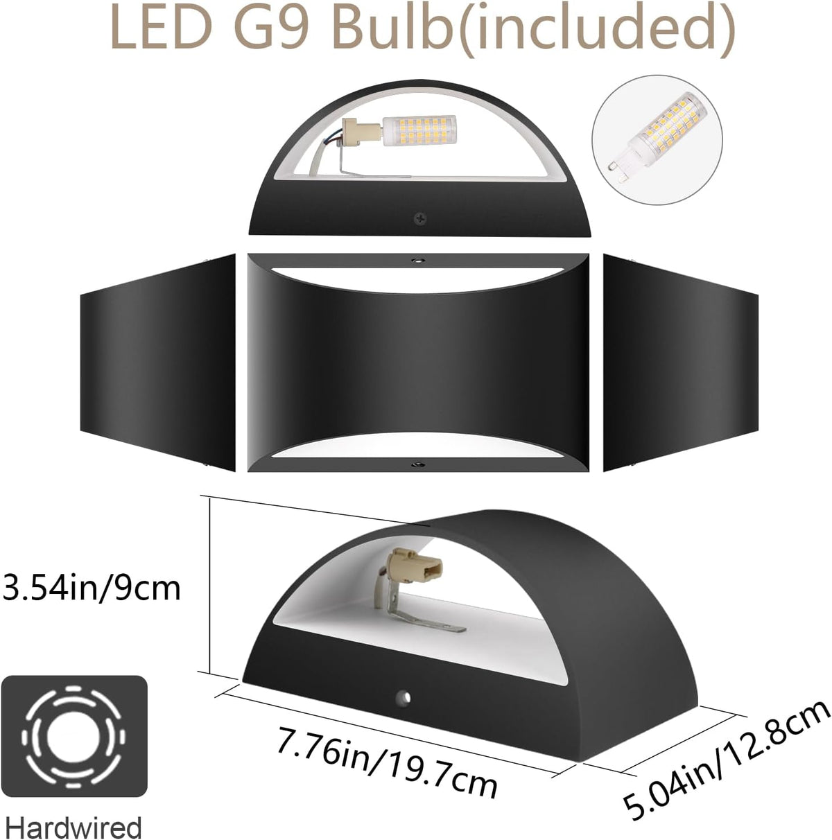 Exploded view and dimension diagram of the black sconce showing front, top and side panels with measurements.