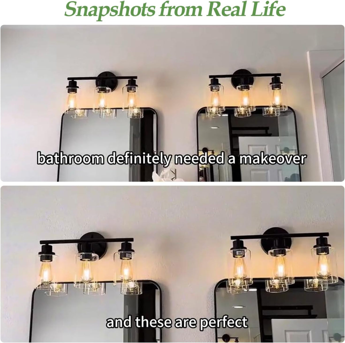 Two black vanity fixtures mounted above mirrors in a bathroom setting with white wall and text overlay