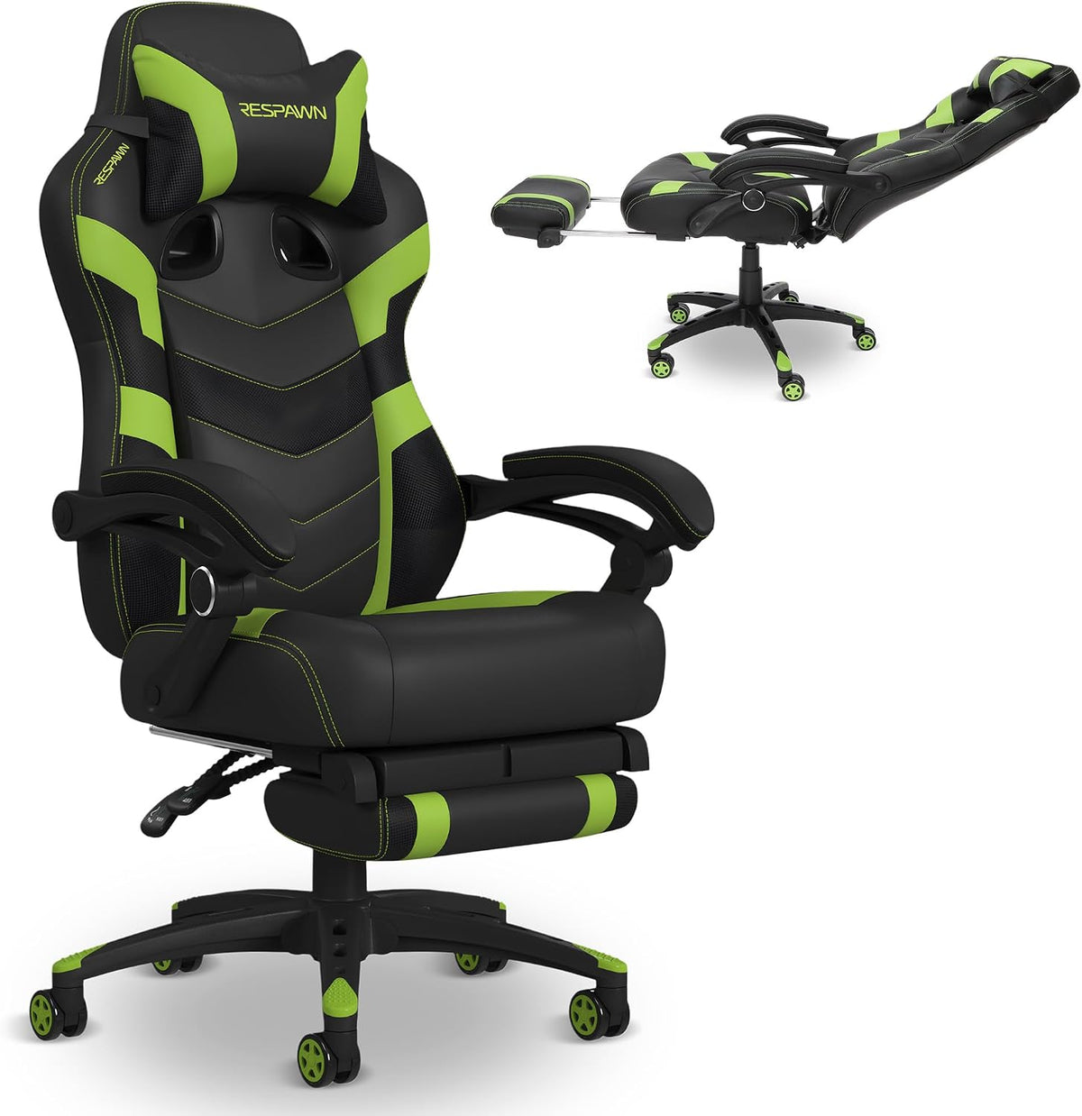 Three-quarter view showing lime-green accents, mesh side panels and matching green caster wheels.