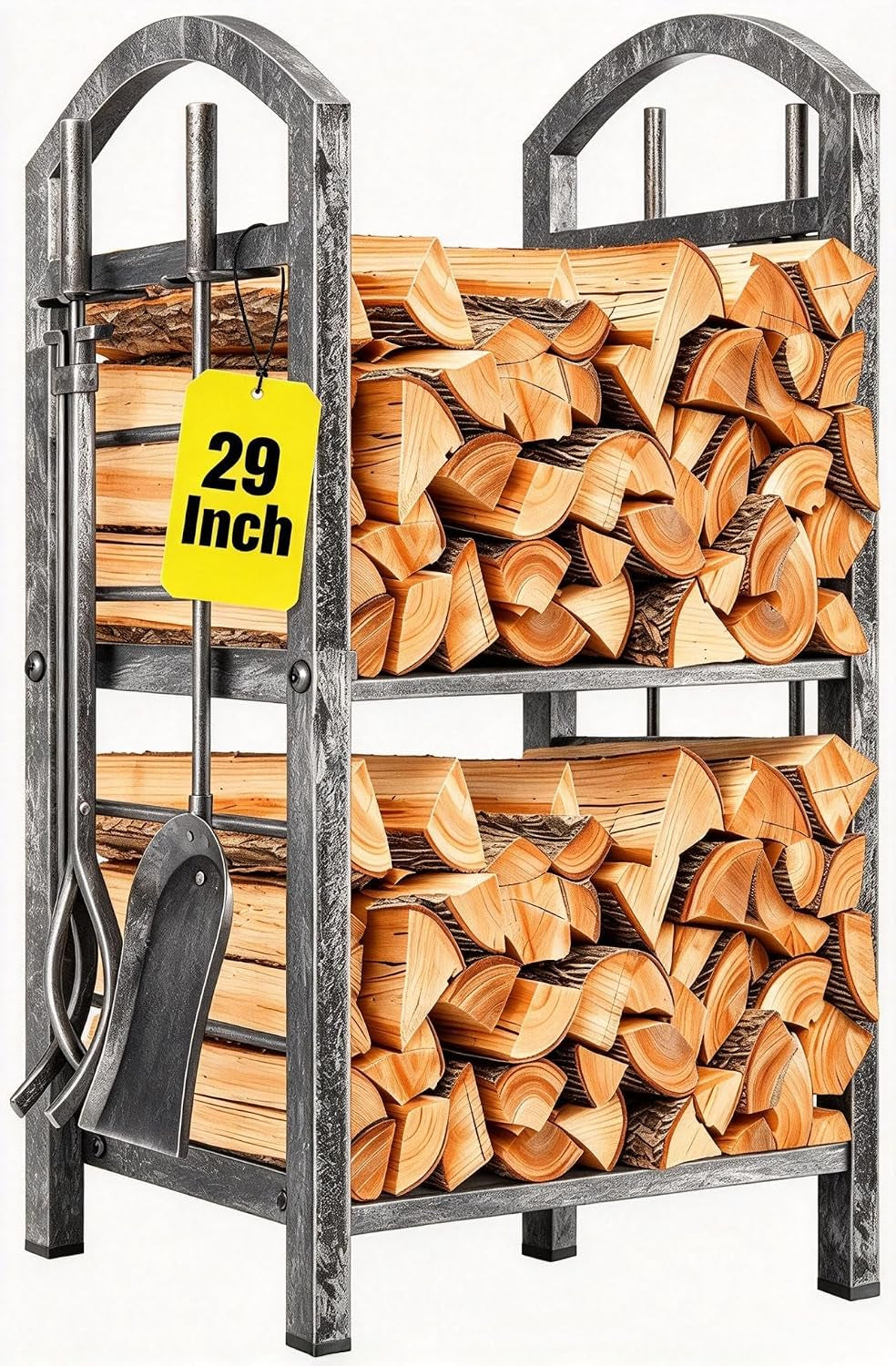 Gray textured two-tier firewood rack stacked with logs and a set of hanging fireplace tools on the side.