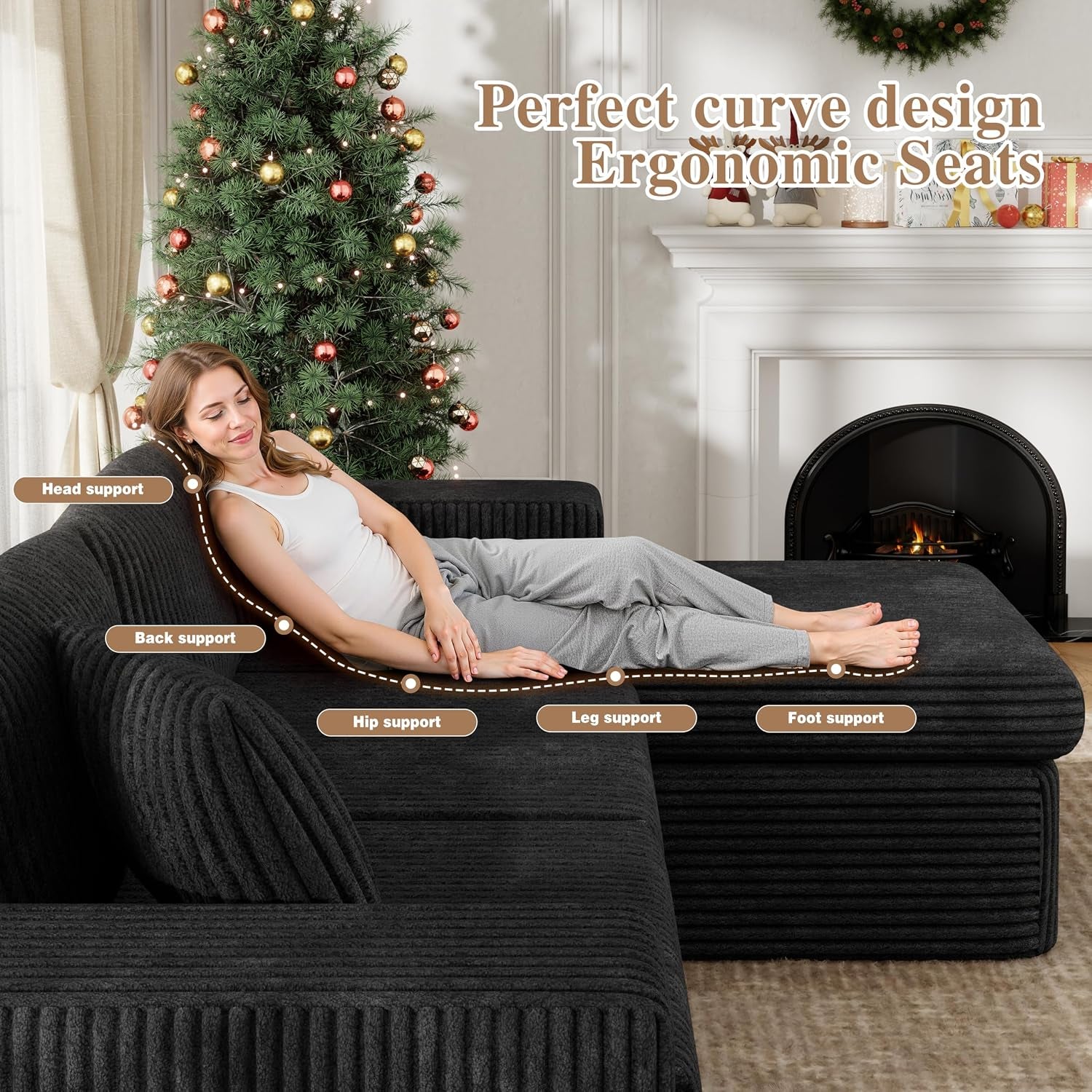 105" Boneless Couches for Living Room Modular Sectional Sofa L-Shape Couch with Oversized Chaise, Cloud Couch Deep Seat Memory Foam Upholstered for Bedroom, Plush Corduroy Fabric,Night Black