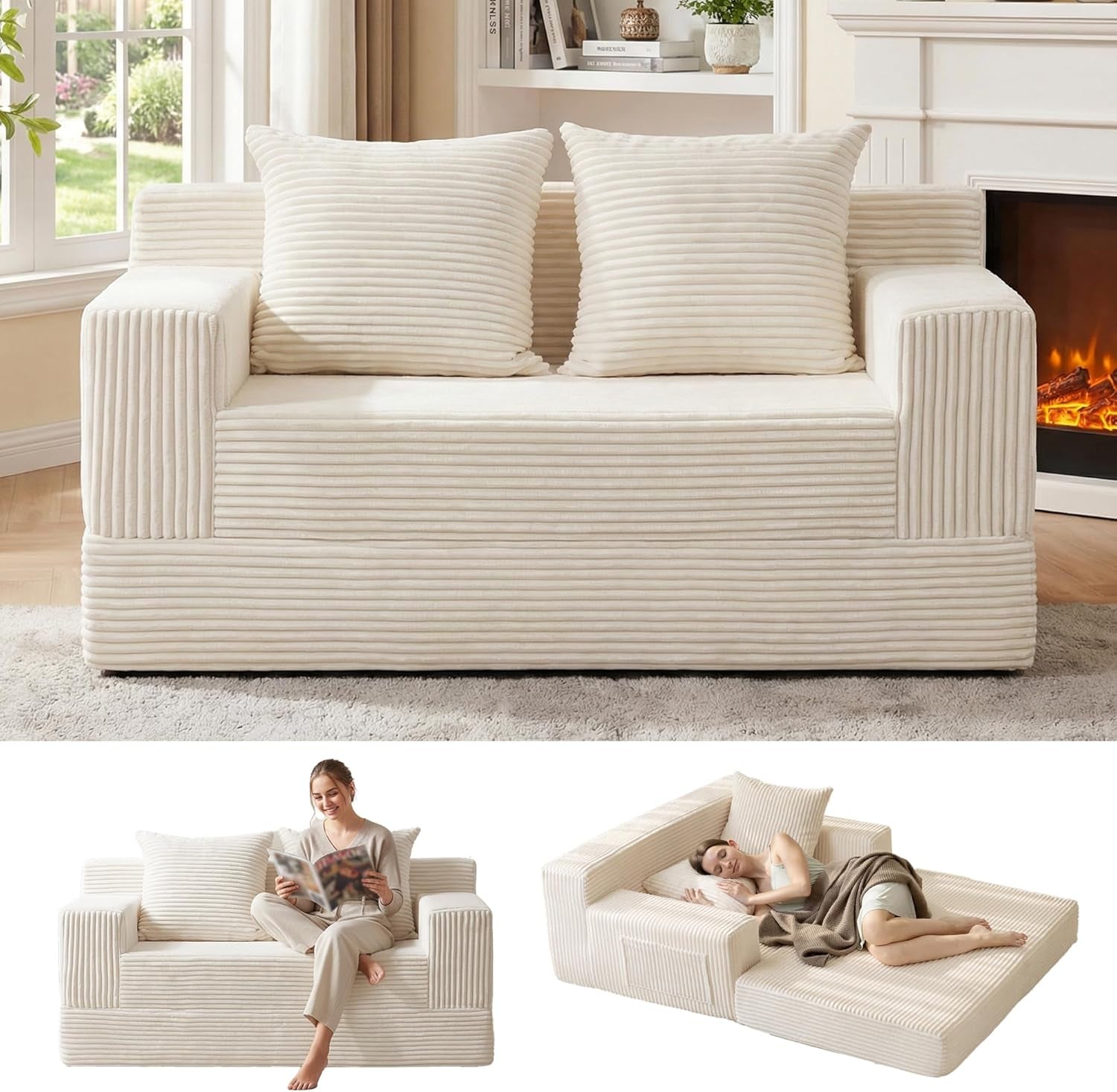 Cream corduroy convertible sofa front view with two large square back cushions