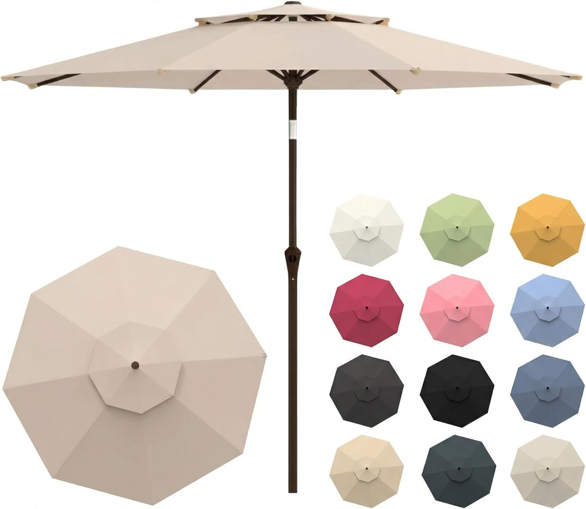 Beige 10ft patio umbrella full front view with color option thumbnails and top-down inset