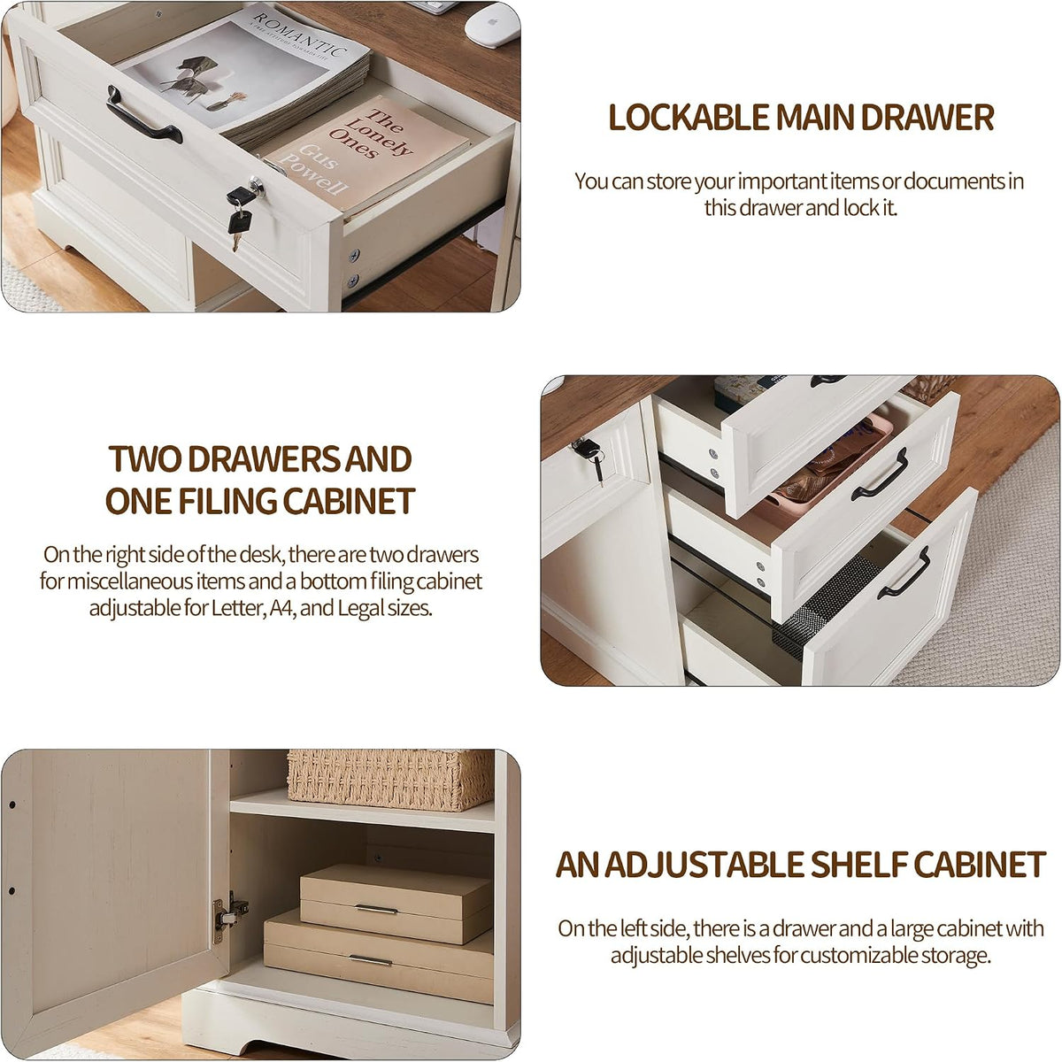 Close-up of the desk showing the lockable main drawer and the right-side drawers open with interior storage