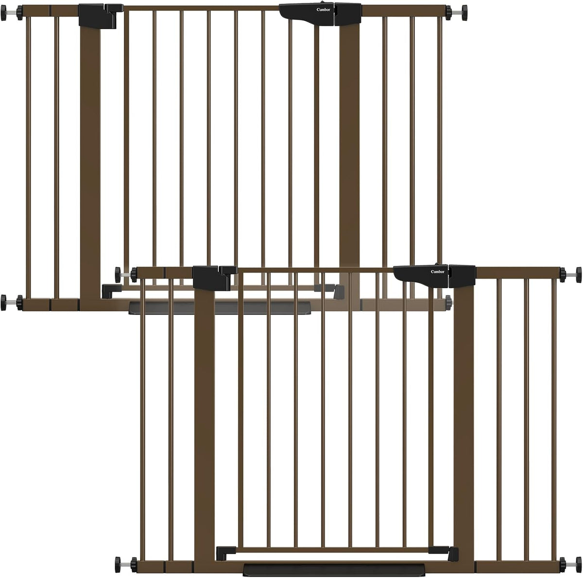 Front-facing product-only view of a brown metal safety gate with vertical bars and black mounting hardware.