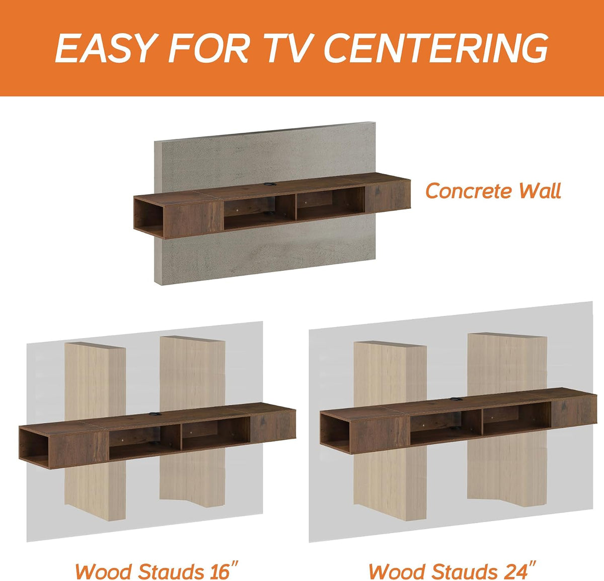 Installation diagram showing a floating TV console mounted on a concrete wall or wood studs