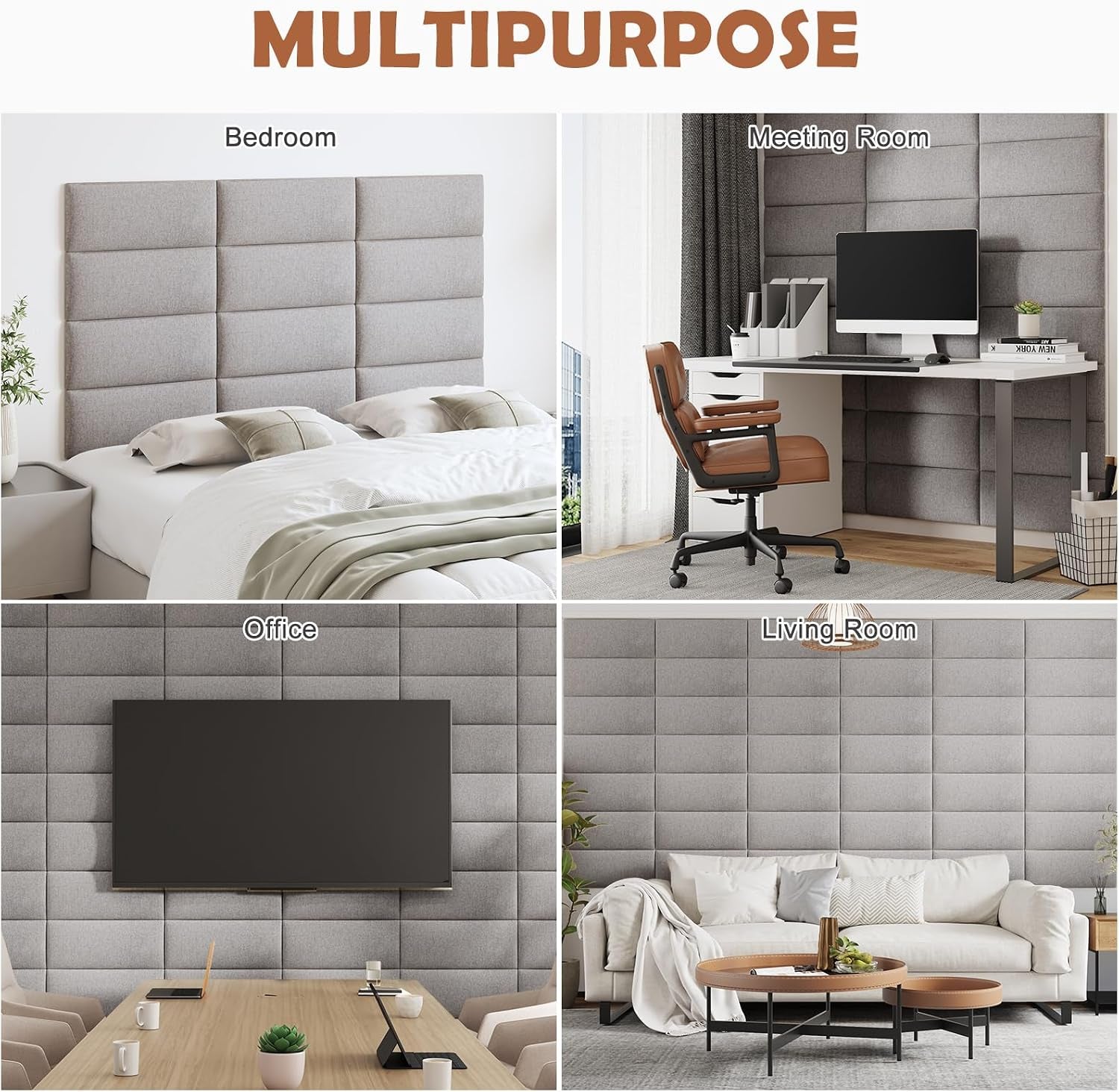 Four-panel collage showing the tufted wall panels used as headboard and wall covering in bedroom, office, meeting room and