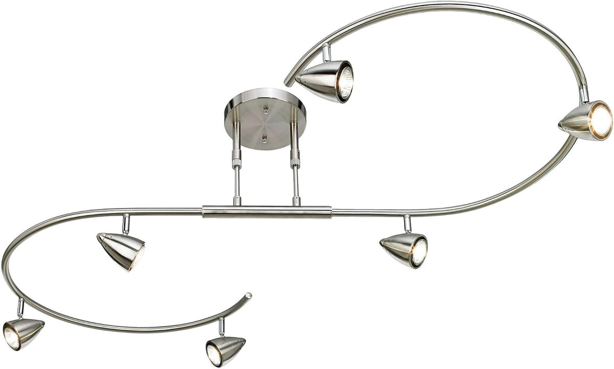 Underside view of S-shaped track light showing canopy, dual downrods and two cone heads in brushed nickel finish